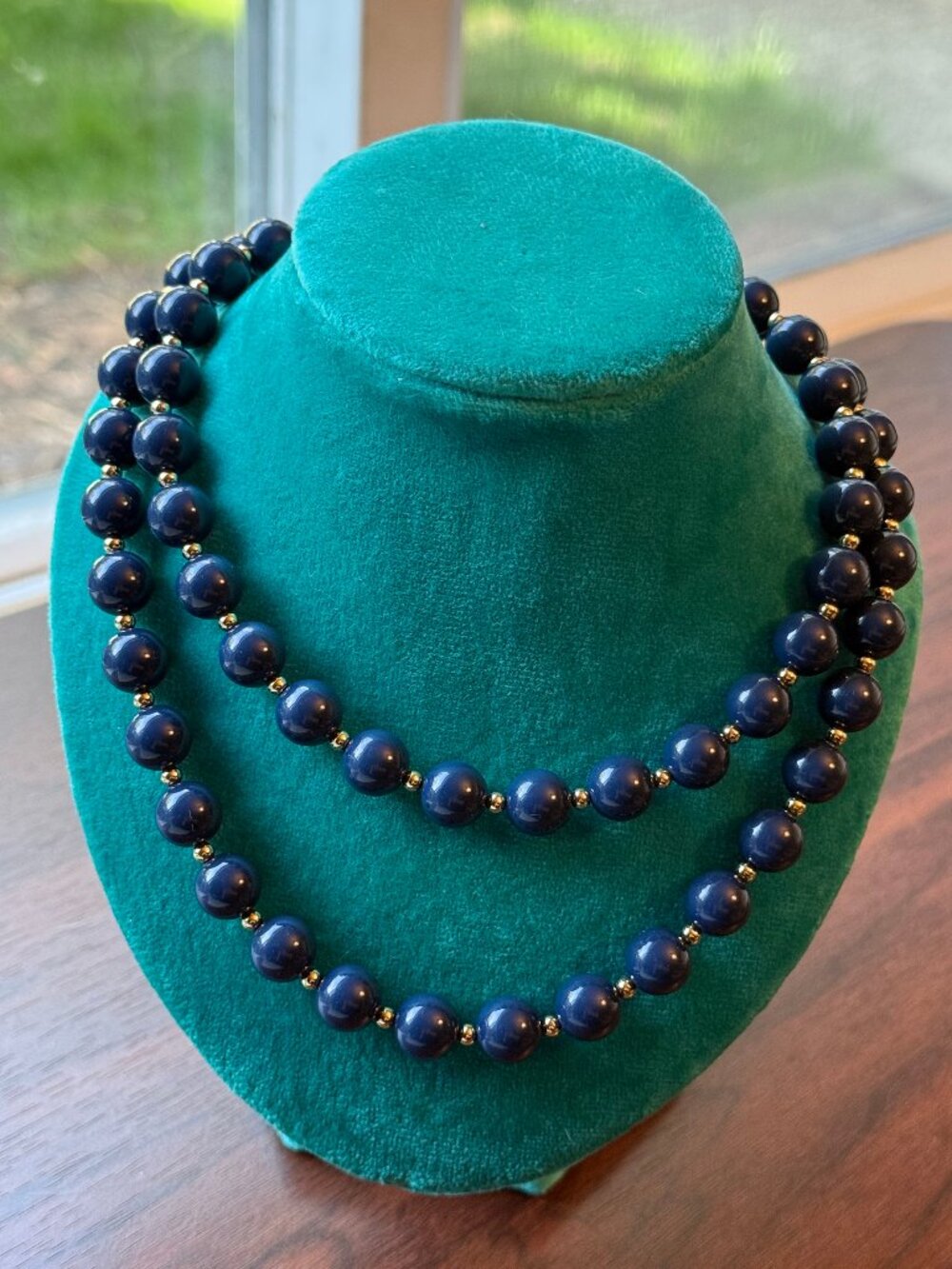 Navy Blue and Gold Monet Beaded Necklace Vintage